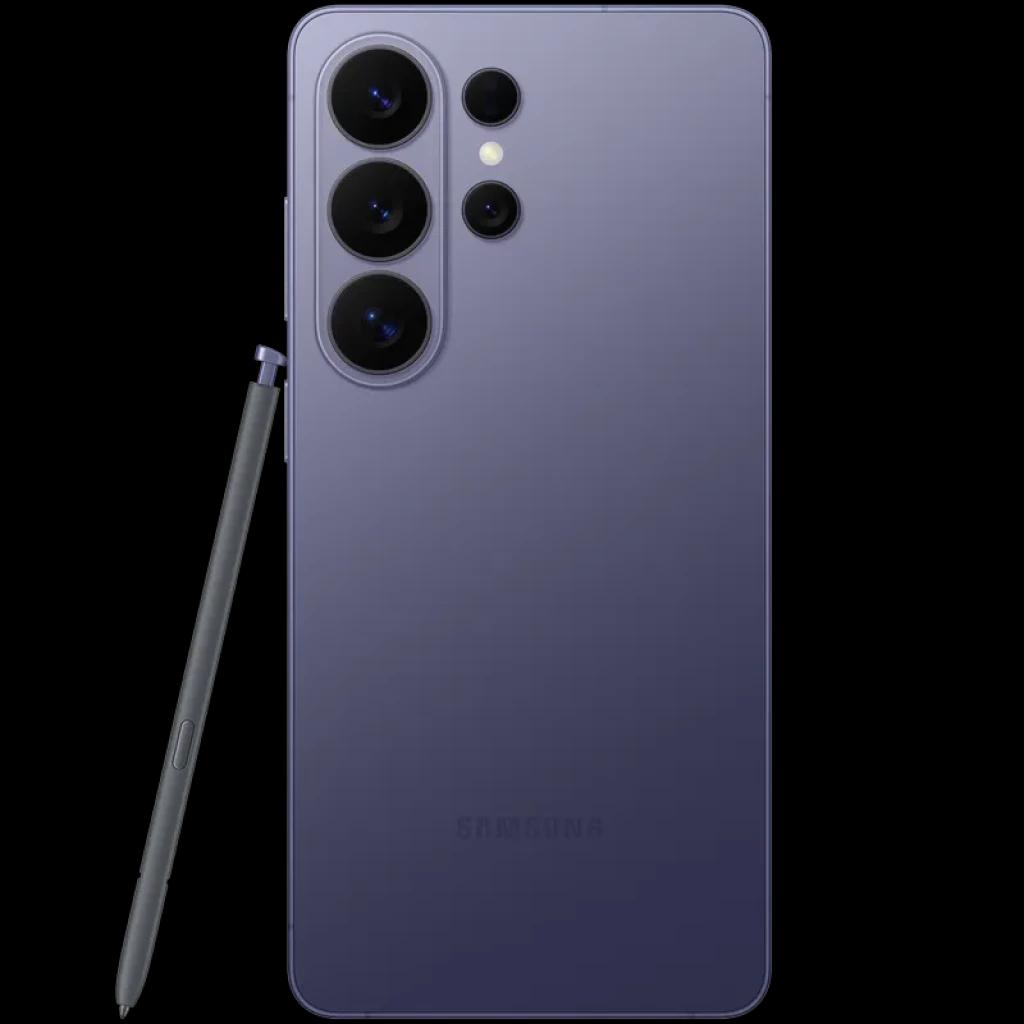 Samsung Galaxy S26 Ultra 5G violeta cobalto, trasera mate con módulo triple de cámara y sensor adicional, bordes curvos y S Pen a juego al costado