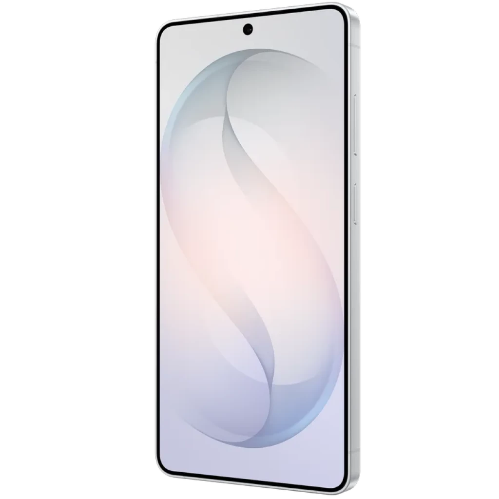 Samsung Galaxy S26 Ultra 5G blanco con pantalla amplia sin bordes, cámara frontal en orificio central, bordes metálicos y botones laterales visibles