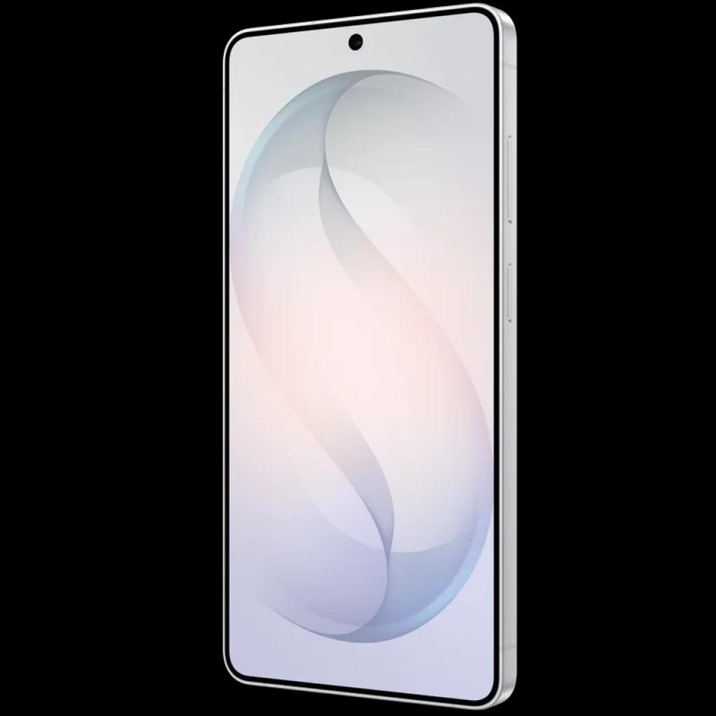 Samsung Galaxy S26 Ultra 5G blanco con pantalla amplia sin bordes, cámara frontal en orificio central, bordes metálicos y botones laterales visibles