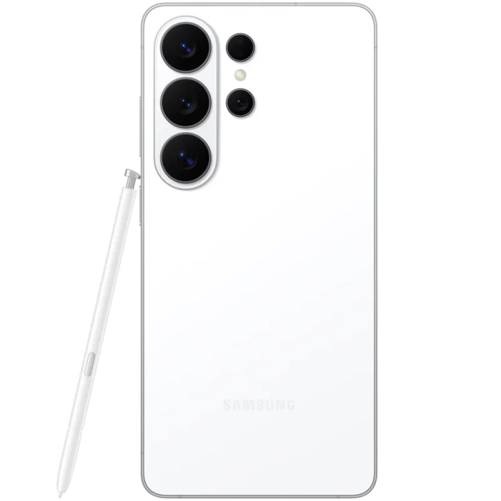 Smartphone blanco con acabado mate, triple cámara trasera grande y sensor adicional, módulos negros prominentes y S Pen blanco a juego en el lateral
