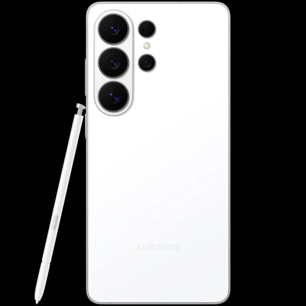 Smartphone blanco con acabado mate, triple cámara trasera grande y sensor adicional, módulos negros prominentes y S Pen blanco a juego en el lateral