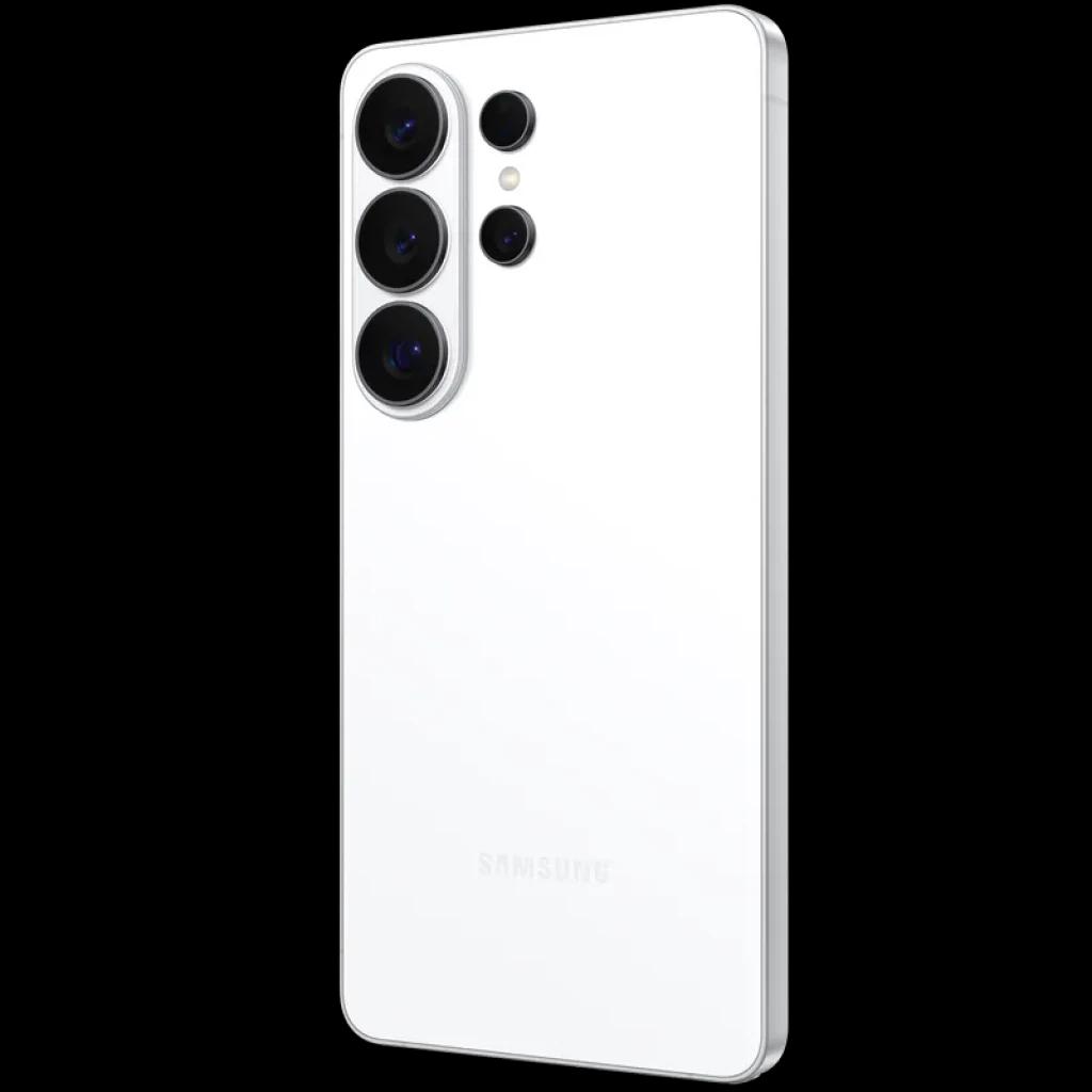 Smartphone blanco con acabado mate, bordes rectos y módulo trasero triple de cámaras grandes más sensor adicional; diseño minimalista y premium