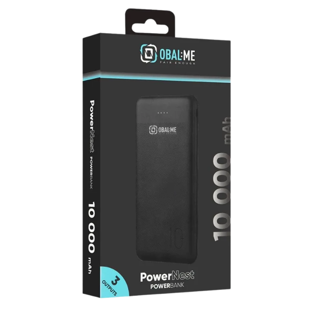 OBAL : ME PowerNest Noir 10000mAh Powerbank dans un boîtier noir avec des détails bleus, indicateur LED de charge, texture antidérapante et 3 sorties pour appareils