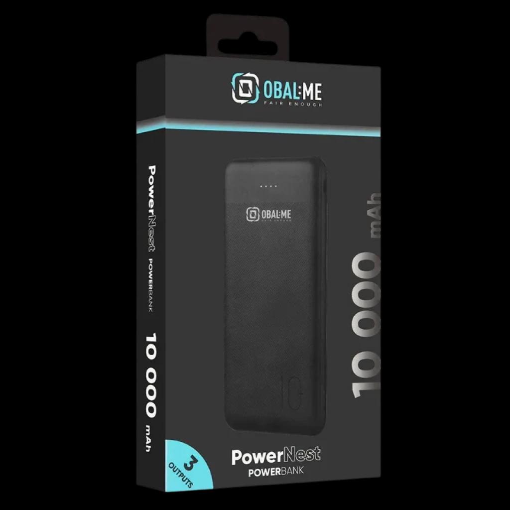 OBAL : ME PowerNest Noir 10000mAh Powerbank dans un boîtier noir avec des détails bleus, indicateur LED de charge, texture antidérapante et 3 sorties pour appareils