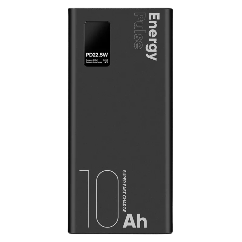 Powerbank OBAL:ME EnergyPulse Preto 10000mAh 22,5W com design minimalista em preto mate, textos Energy Pulse e 10Ah, formato retangular e compacto