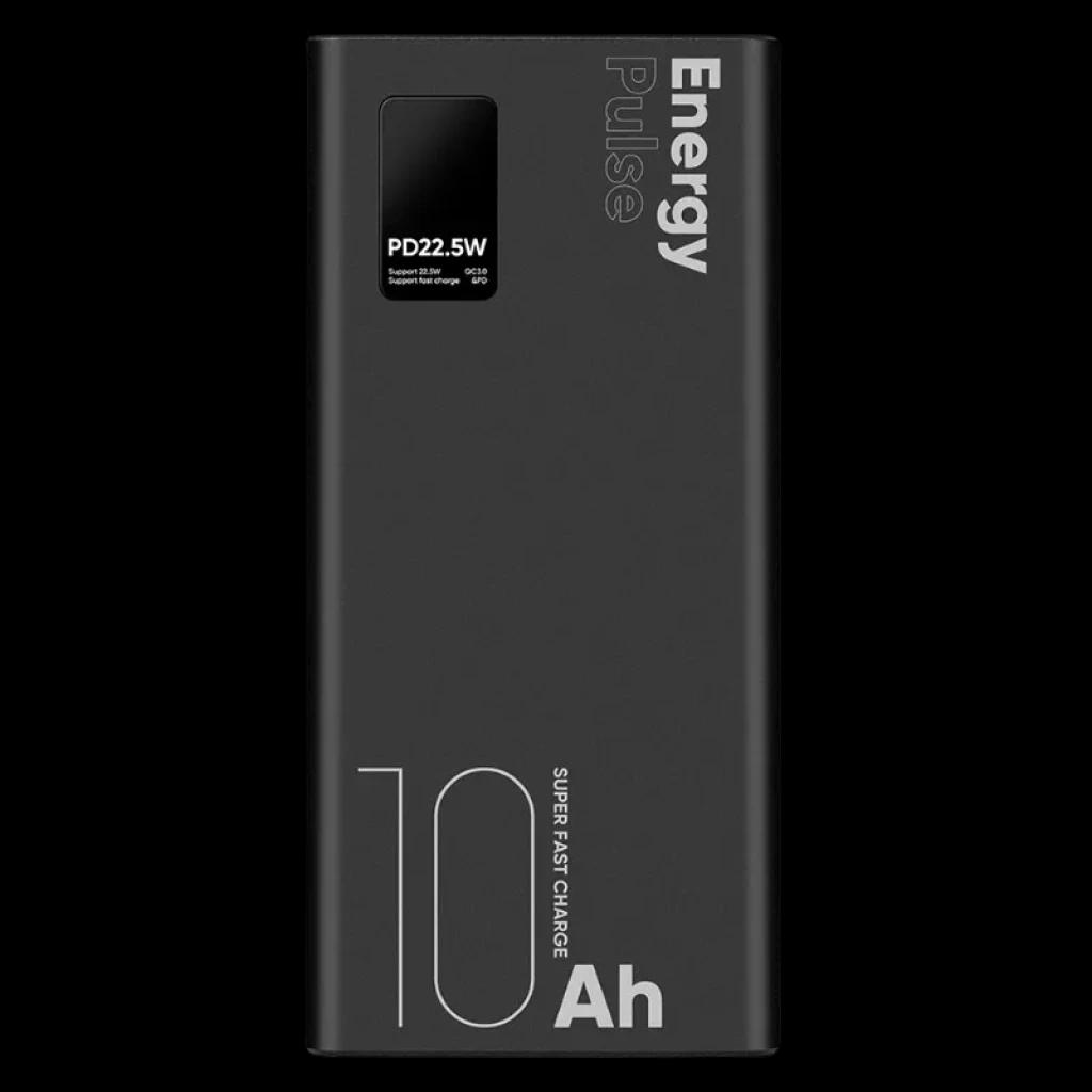 Powerbank OBAL:ME EnergyPulse Preto 10000mAh 22,5W com design minimalista em preto mate, textos Energy Pulse e 10Ah, formato retangular e compacto