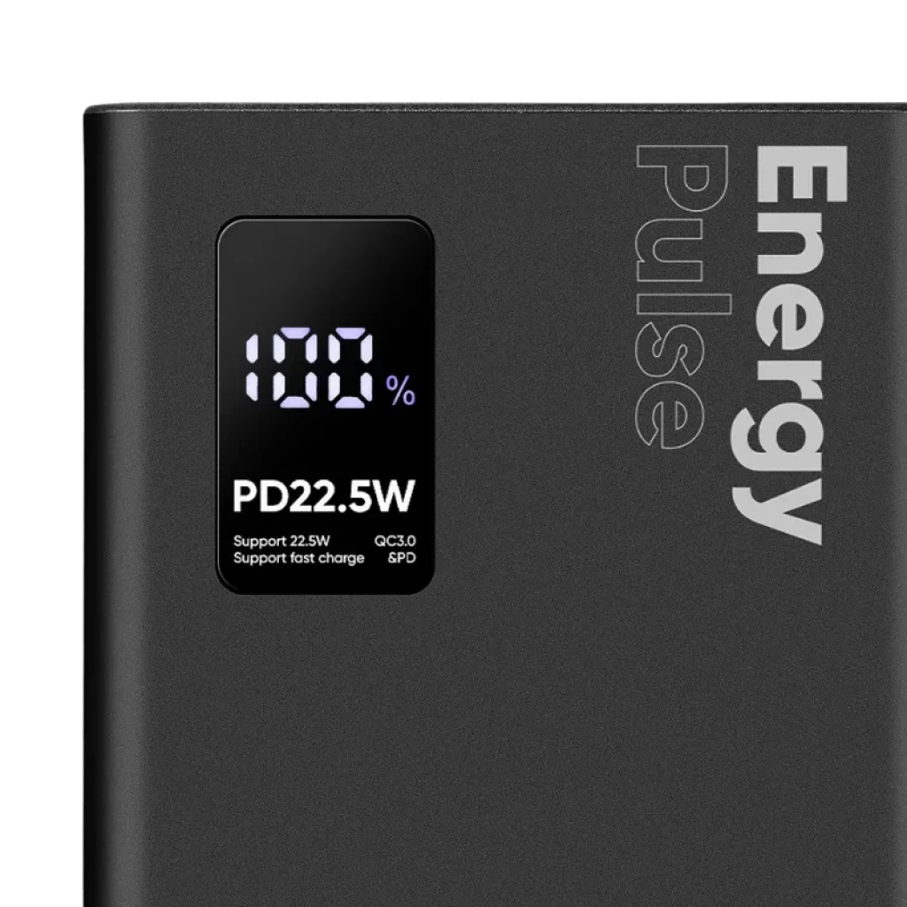 OBAL:ME EnergyPulse Preto powerbank 10000mAh com ecrã LED de percentagem e saída rápida PD 22,5W QC3.0, acabamento mate e design minimalista