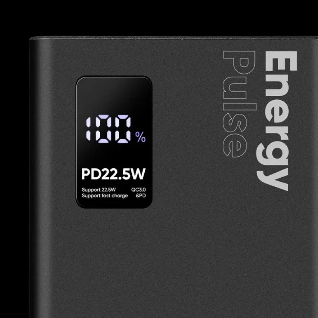 OBAL:ME EnergyPulse Preto powerbank 10000mAh com ecrã LED de percentagem e saída rápida PD 22,5W QC3.0, acabamento mate e design minimalista
