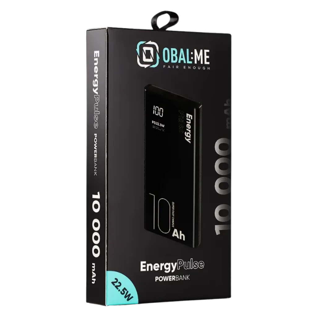 OBAL:ME EnergyPulse Preto 10000mAh 22,5W powerbank na caixa, design fino preto, ecrã LED com percentagem, texto 10 Ah destacado e bordas arredondadas
