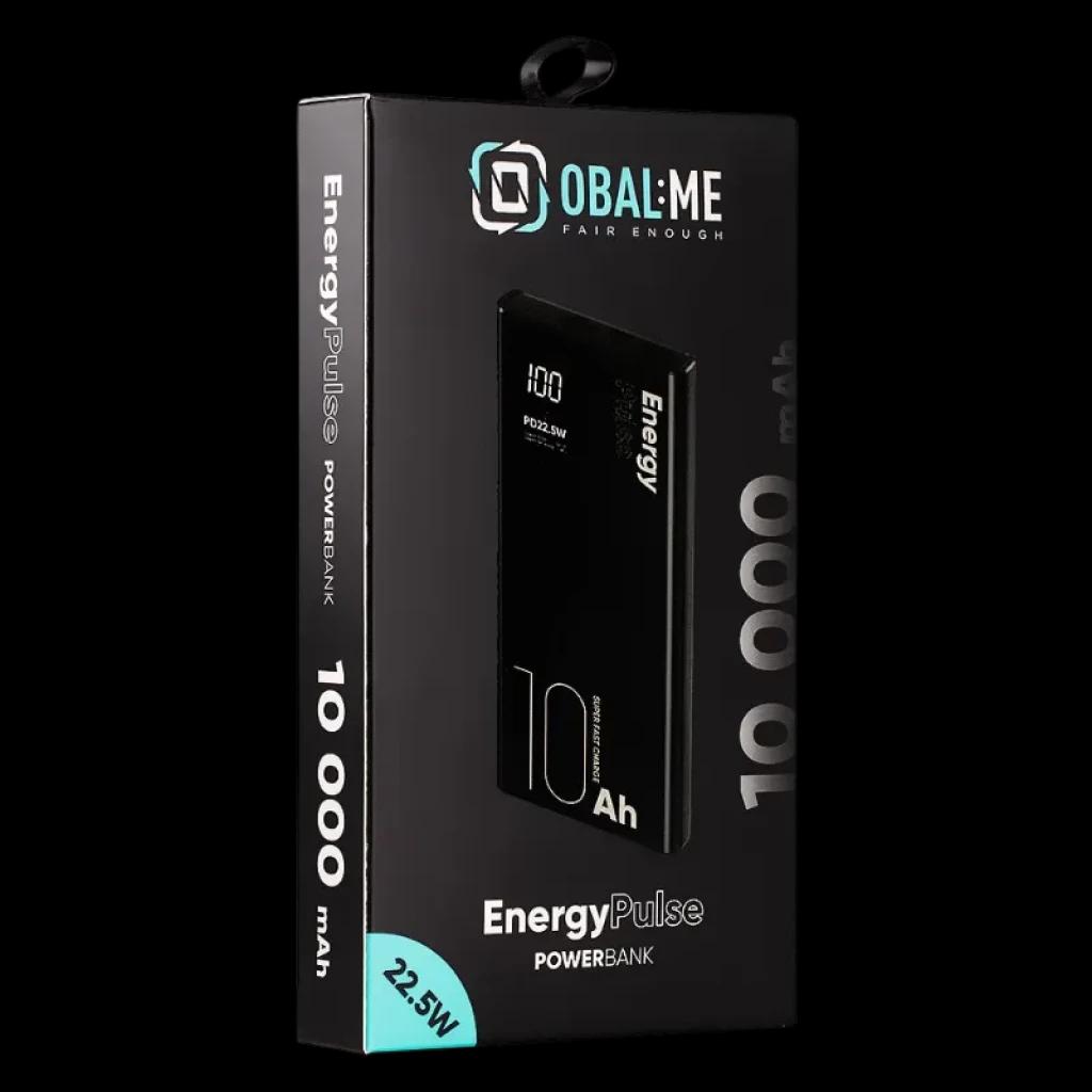 OBAL:ME EnergyPulse Preto 10000mAh 22,5W powerbank na caixa, design fino preto, ecrã LED com percentagem, texto 10 Ah destacado e bordas arredondadas