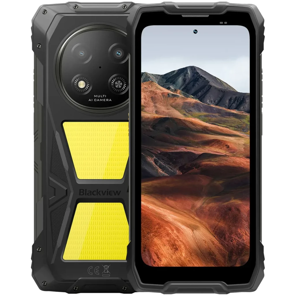Blackview Rock 2 Pro 256GB negro rugerizado con carcasa robusta negra y panel amarillo, doble cámara trasera 13 Mpx, pantalla frontal amplia con notch central