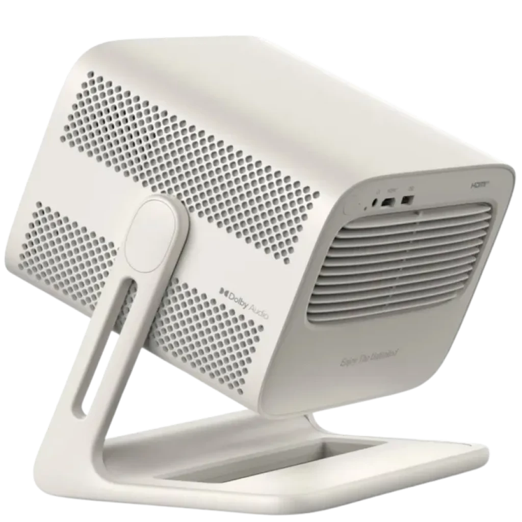 Proyector portátil Wanbo Vali 1 Pro blanco, diseño compacto en soporte basculante, rejillas de ventilación laterales, puertos frontales HDMI y USB, Dolby