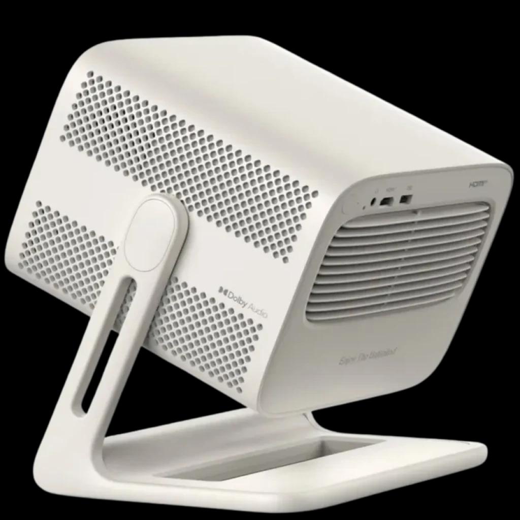Proyector portátil Wanbo Vali 1 Pro blanco, diseño compacto en soporte basculante, rejillas de ventilación laterales, puertos frontales HDMI y USB, Dolby