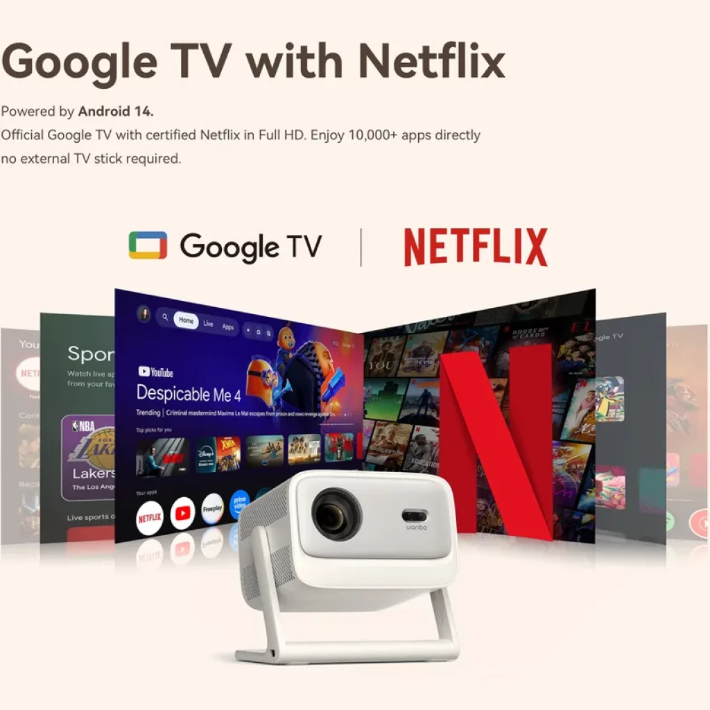 Proyector portátil blanco Wanbo Vali 1 Pro con soporte metálico, lente frontal grande y altavoz integrado; interfaz Google TV con Netflix en pantalla