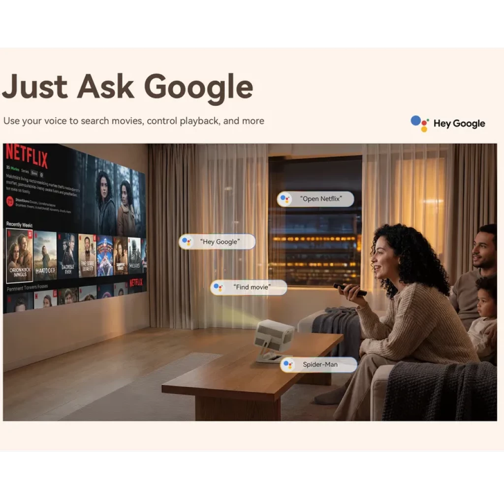 Proyector portátil Wanbo Vali 1 Pro con Google TV, compacto en color claro, proyección en sala, control por voz Hey Google y 650 lúmenes ISO