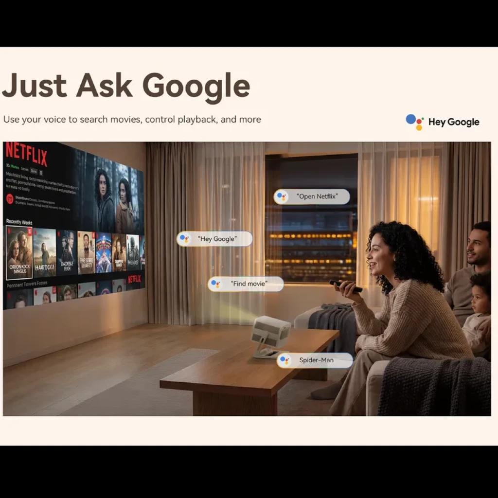 Proyector portátil Wanbo Vali 1 Pro con Google TV, compacto en color claro, proyección en sala, control por voz Hey Google y 650 lúmenes ISO