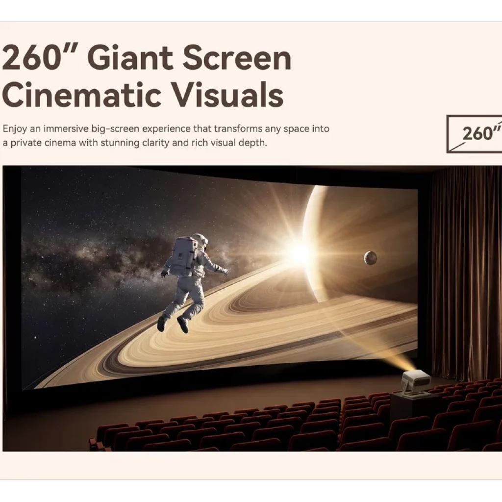 Pantalla gigante de 260 pulgadas proyectada en sala de cine; proyector portátil en mesa muestra astronauta y planeta con anillos en imagen nítida y vibrante