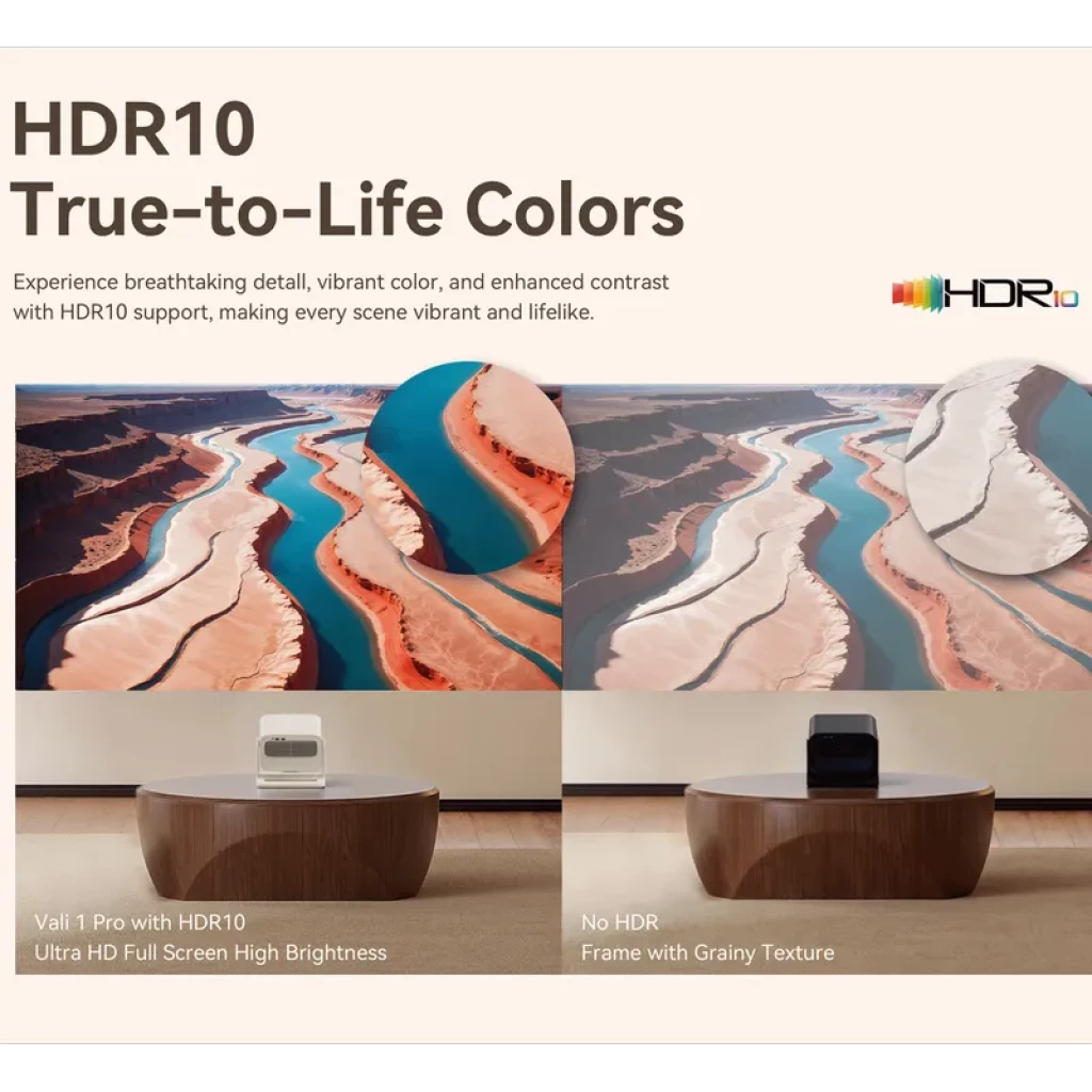 Wanbo Vali 1 Pro con HDR10: colores reales, alto brillo y contraste mejorado. Proyección nítida a pantalla completa sobre mesa de madera elegante.