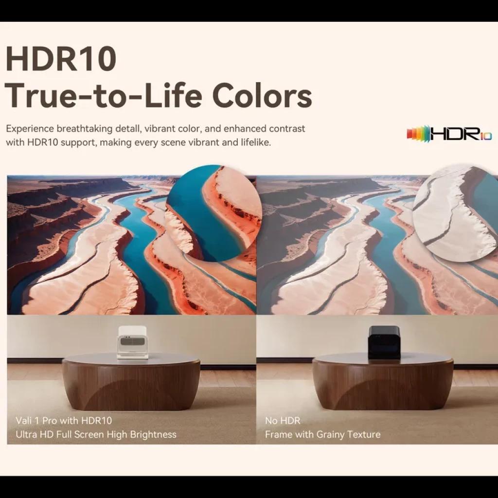 Wanbo Vali 1 Pro con HDR10: colores reales, alto brillo y contraste mejorado. Proyección nítida a pantalla completa sobre mesa de madera elegante.