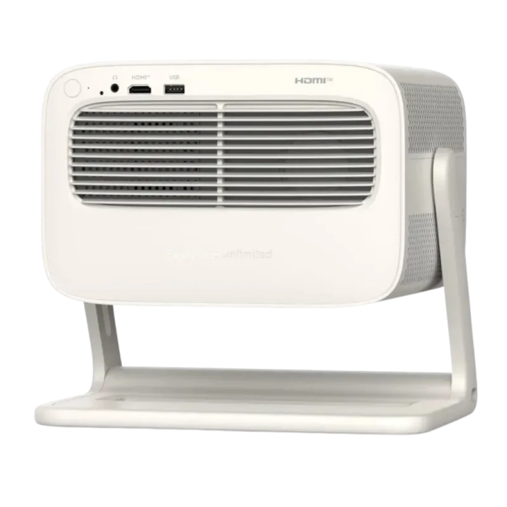 Proyector portátil Wanbo Vali 1 Pro blanco con soporte, rejilla frontal amplia, puertos HDMI y USB superiores, diseño compacto y ventilación lateral