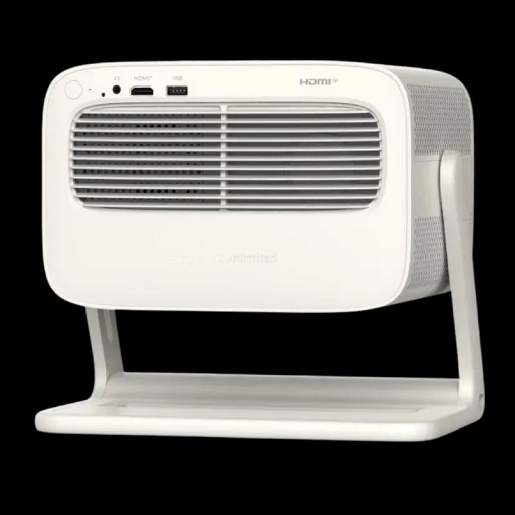 Proyector portátil Wanbo Vali 1 Pro blanco con soporte, rejilla frontal amplia, puertos HDMI y USB superiores, diseño compacto y ventilación lateral