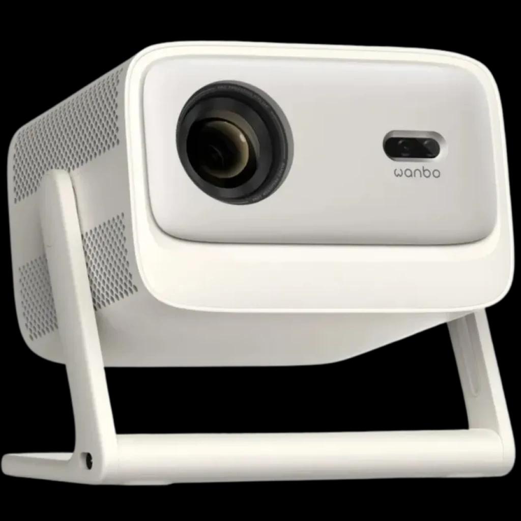 Proyector portátil blanco con soporte abatible, lente grande frontal y rejillas laterales de ventilación; diseño compacto Wanbo Vali 1 Pro 650 lúmenes ISO