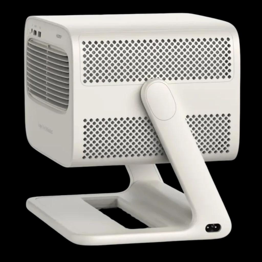 Proyector portátil blanco con diseño minimalista, carcasa perforada para ventilación, soporte en L ajustable y puerto de alimentación trasero; compacto y