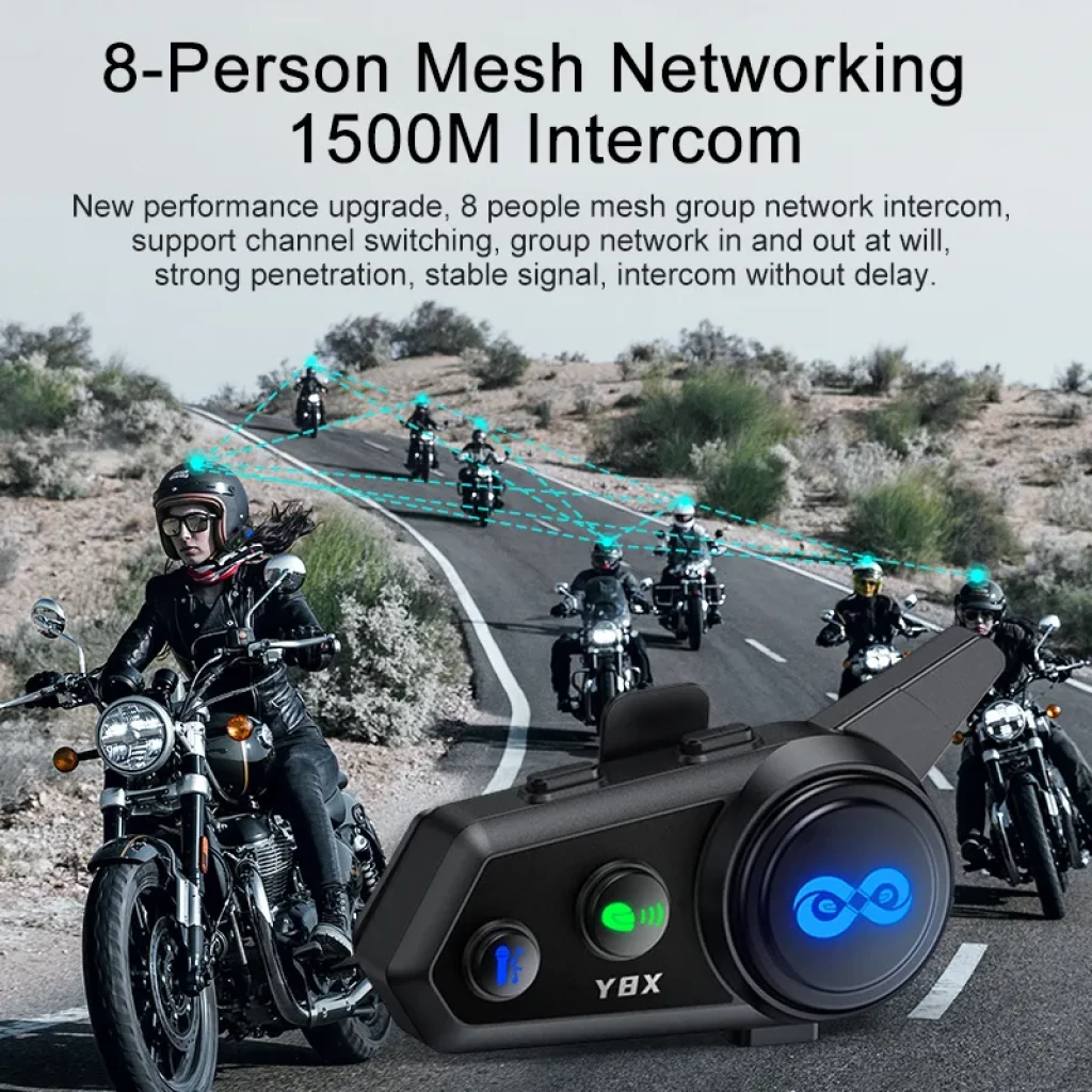 Intercomunicador para moto Y8X Mesh de 8 condutores, alcance 1500 m, botões iluminados, microfone destacável e design compacto para grupos de pilotagem