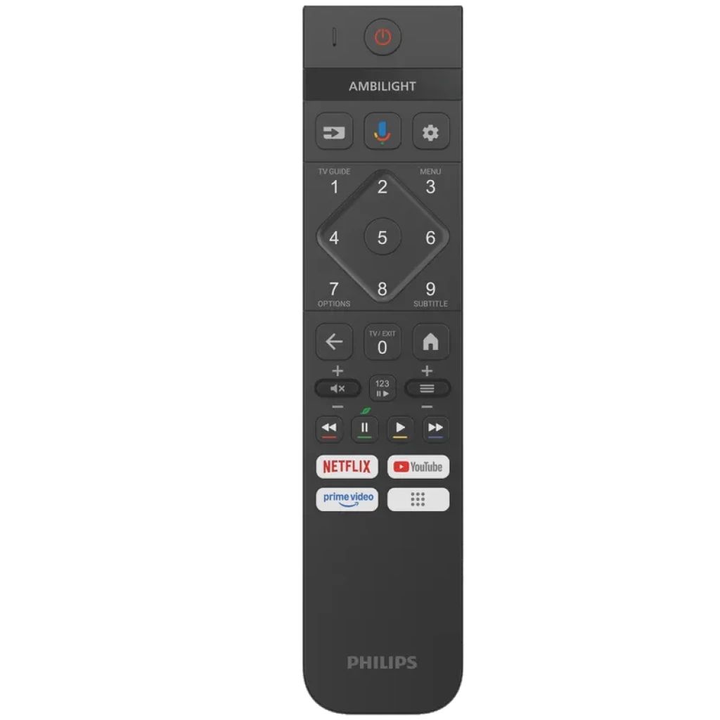 Controle remoto Philips 55OLED820 com botões dedicados Netflix YouTube e Prime Video, teclas numéricas, controle de volume e tecla Ambilight