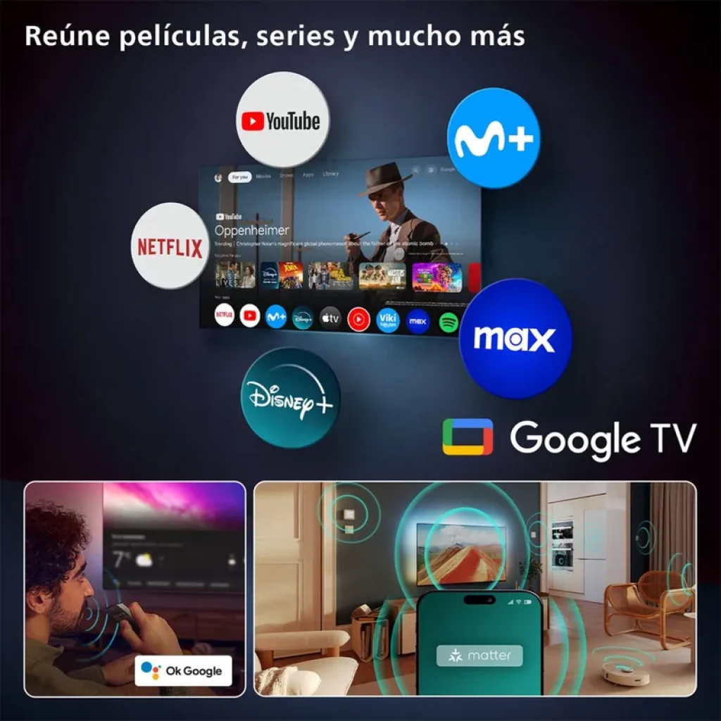 Tela inicial do Google TV com apps Netflix, YouTube, Disney+, Max e Movistar Plus+, comandos Ok Google e ícones de integração Matter e controle por voz
