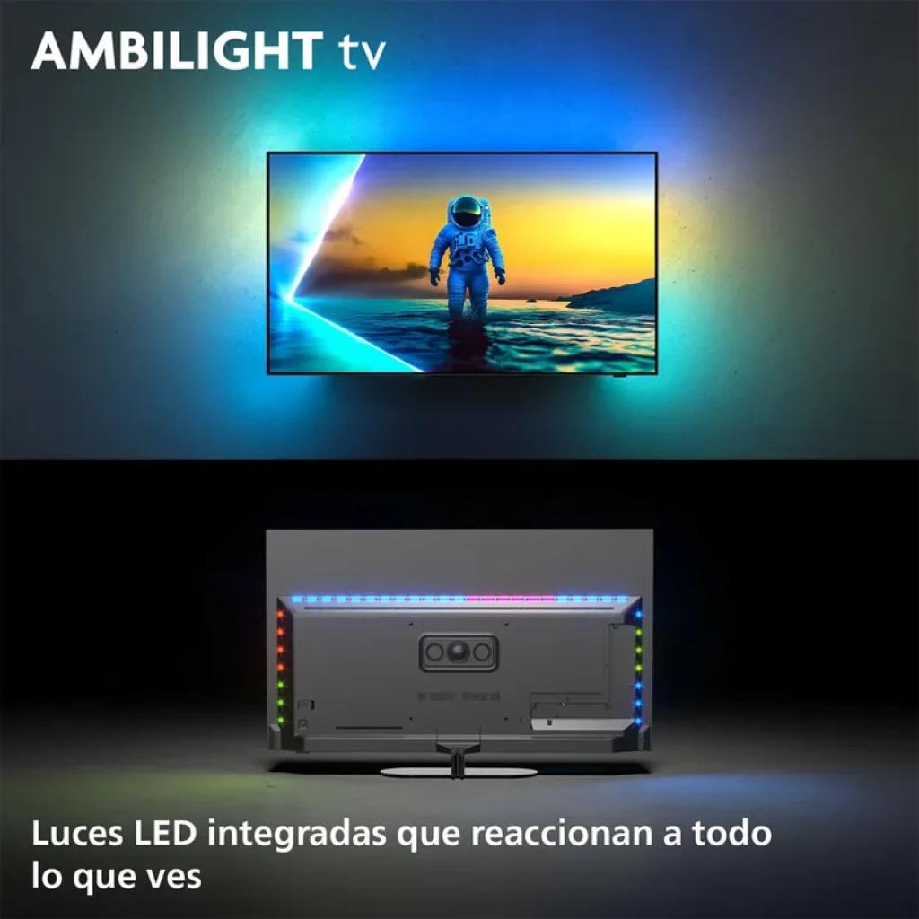 Philips 55OLED820 55 pol OLED 4K com Ambilight multicolor envolvente, bordas finas e luzes traseiras que reagem ao conteúdo para imersão total