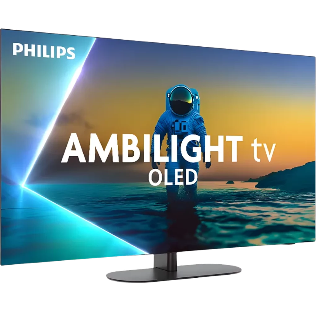 Philips 55OLED820 55 polegadas OLED 4K com Ambilight nas bordas, painel ultrafino, base central metálica e tela quase sem bordas, ideal para cinema e jogos