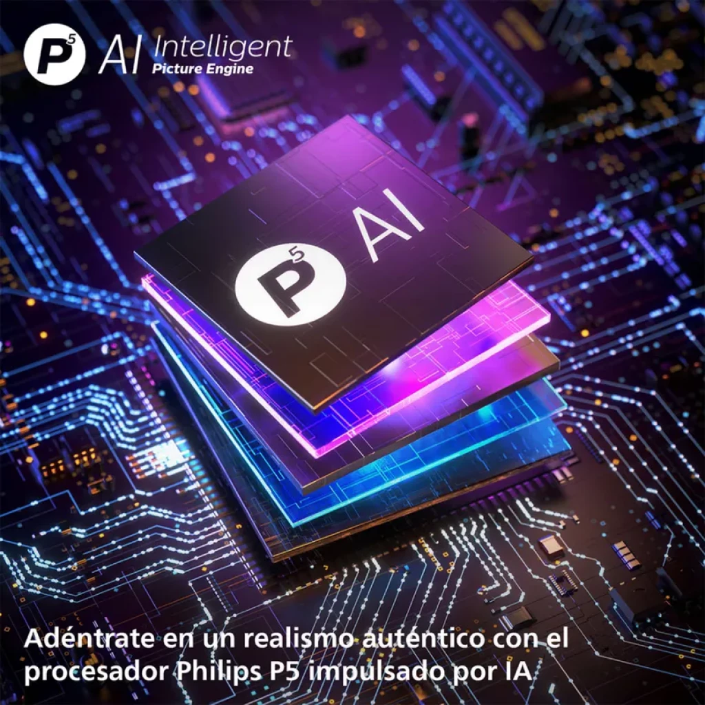 Chip Philips P5 AI sobre placas eletrônicas multicoloridas, com camadas brilhantes e traços de circuitos, destacando processamento inteligente e alto