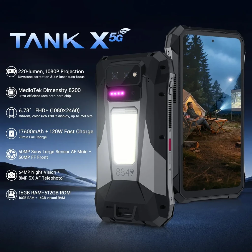 Unihertz 8849 Tank X 5G resistente con pantalla 6.78 FHD+, linterna LED frontal, proyector DLP 200 lúmenes, cámara 50 MP y batería 17600 mAh con carga