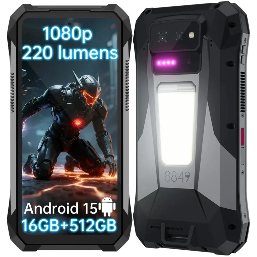 Unihertz 8849 Tank X 5G resistente con proyector DLP 220 lúmenes, pantalla 1080p, linterna trasera, cámara dual, Android 15, 16GB RAM y 512GB almacenamiento