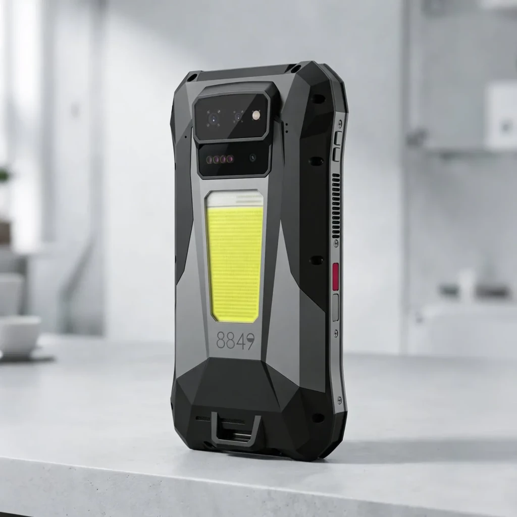Unihertz 8849 Tank X 5G robusto con carcasa reforzada, módulo trasero 8849 con luz LED amplia, cámara múltiple y ranuras laterales con botón rojo y altavoz