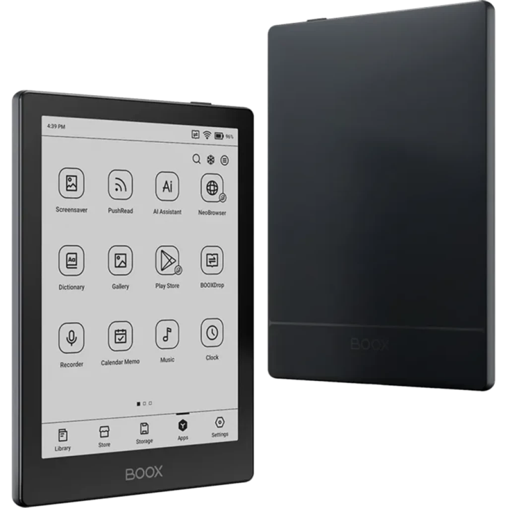 Liseuse BOOX Go 6 noire, écran E Ink Carta 1300 de 6 pouces, interface Android 11 visible, bordures fines, finition mate élégante, 32 Go et slot MicroSD