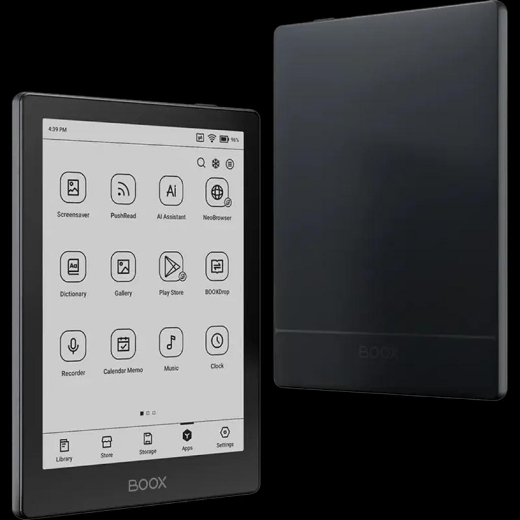 Liseuse BOOX Go 6 noire, écran E Ink Carta 1300 de 6 pouces, interface Android 11 visible, bordures fines, finition mate élégante, 32 Go et slot MicroSD