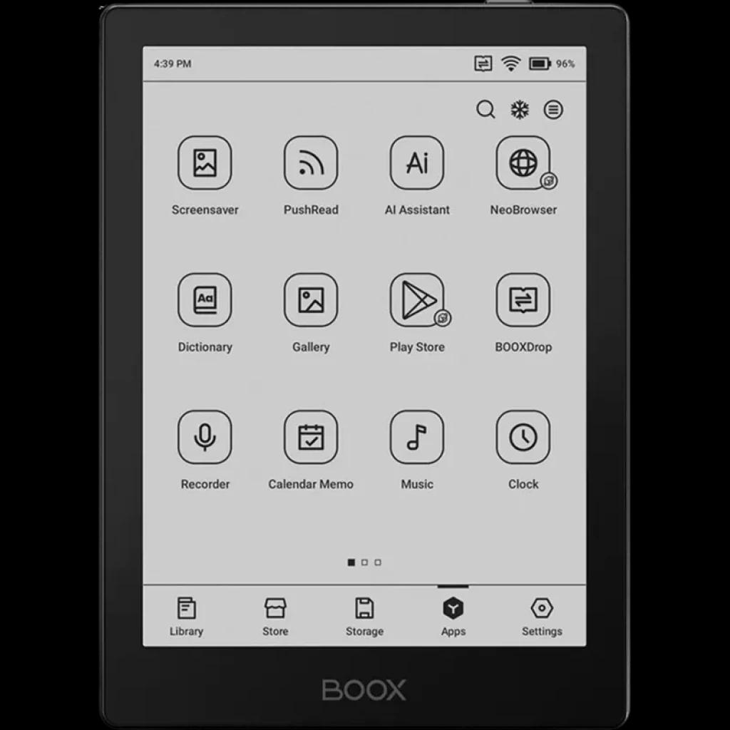 Liseuse BOOX Go 6 avec écran 6 pouces E Ink Carta 1300, interface Android 11, icônes dapplications nettes, bordures fines, coloris noir élégant