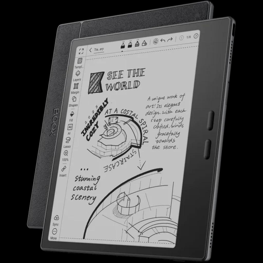 Onyx BOOX Go 7 pouces noir avec écran ePaper Carta 1300, boutons latéraux, stylet et étui folio; interface Android 13 affichant croquis et notes