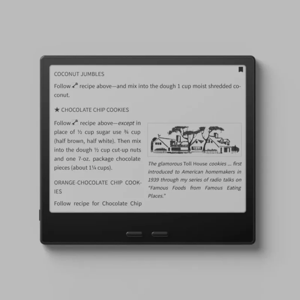 Onyx BOOX Go 7 64 Go, liseuse ePaper Carta 1300 noire, écran 7 pouces mat, texte noir sur fond gris, deux boutons frontaux, bordures fines et design plat