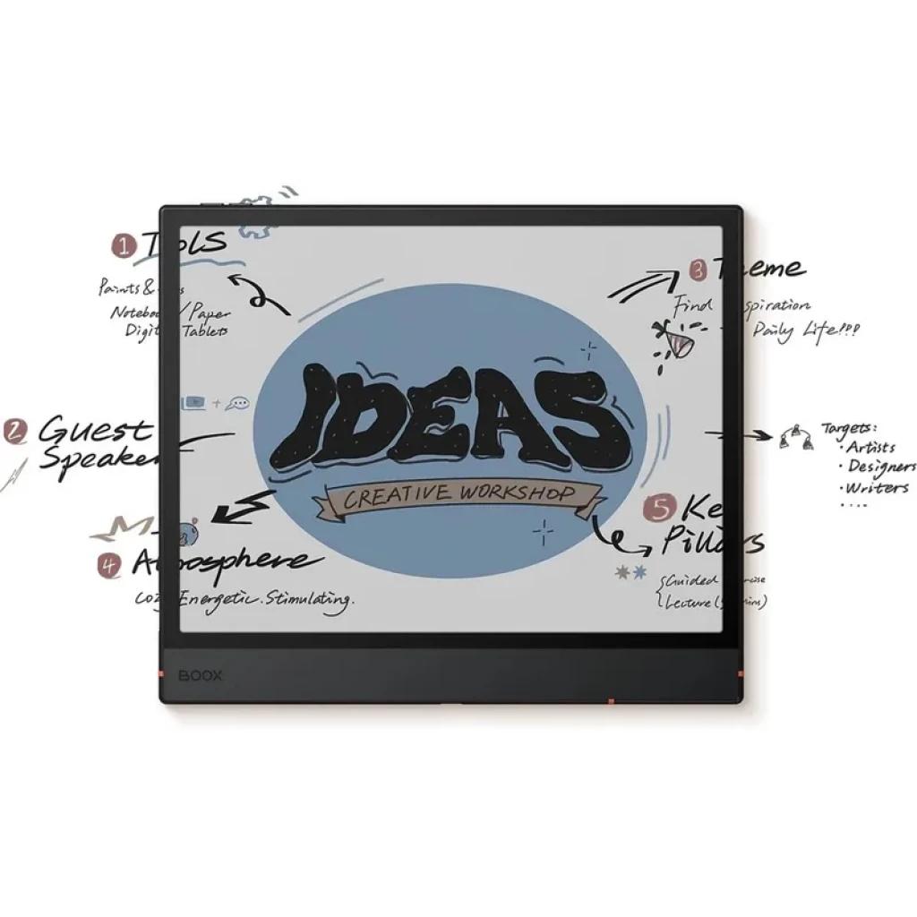 Pantalla BOOX Note Air5 C 10.3 color con bisel negro y botones laterales; muestra notas y dibujo IDEAS, ideal para escritura y lectura con lápiz Pen3