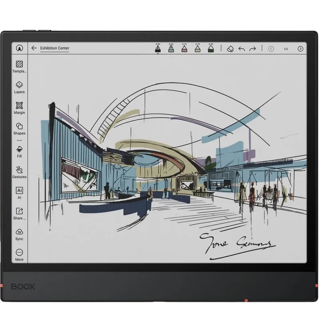 Pantalla Kaleido 3 de 10.3 pulgadas con interfaz de dibujo, bordes negros delgados y botones frontales; incluye lápiz Pen3 para escribir y bosquejar