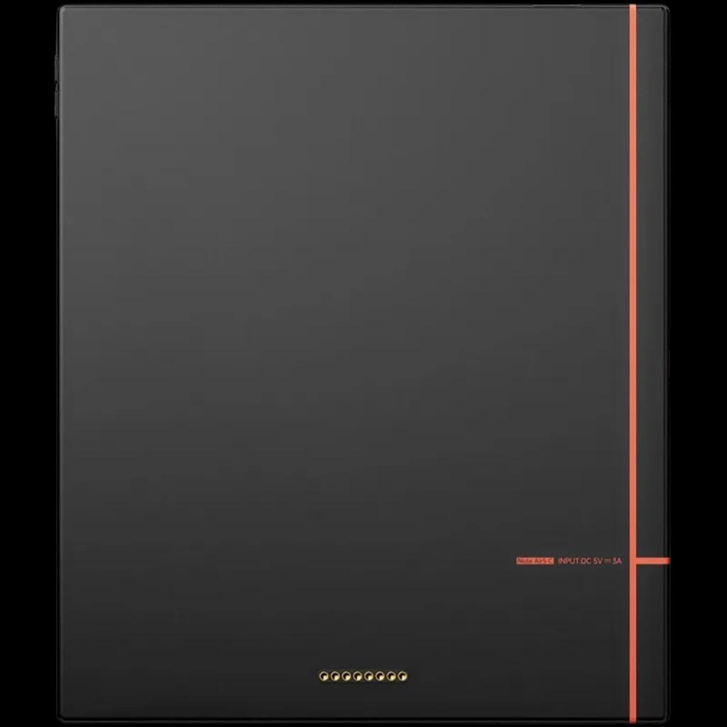 Tapa trasera gris mate con franja vertical naranja y conectores magnéticos dorados alineados en la base; diseño minimalista del BOOX Note Air5 C