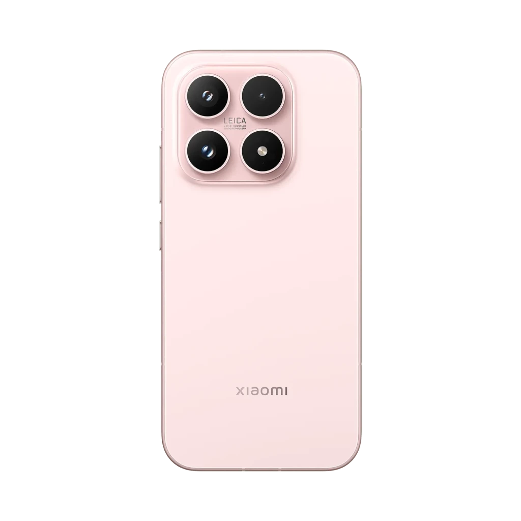 Xiaomi 17 Alpine Pink en color rosa suave con módulo de cámara trasera cuadrado de 4 lentes grandes y acabado mate elegante, logo Xiaomi centrado abajo