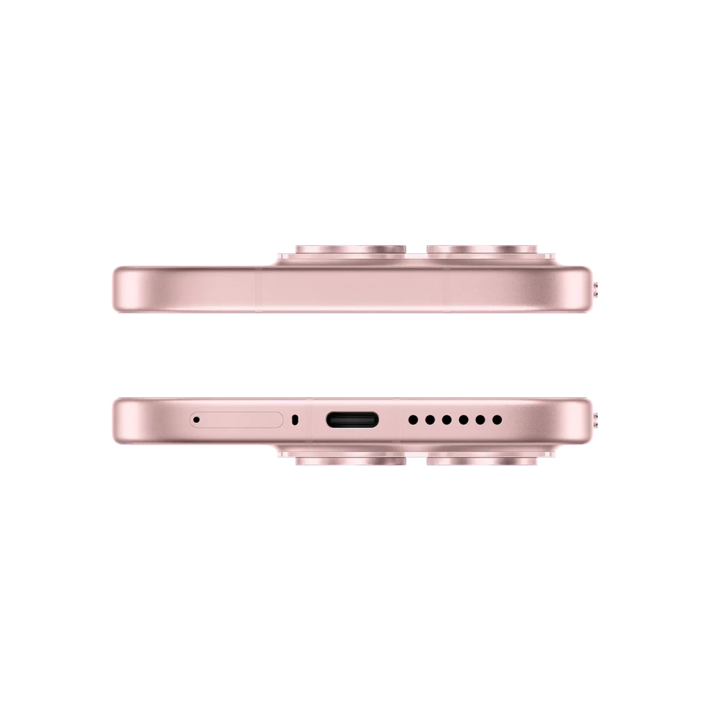 Xiaomi 17 Alpine Pink visto de canto; acabado rosa metálico, módulo de cámara doble sobresaliente, puerto USB-C, rejilla de altavoz y bandeja SIM