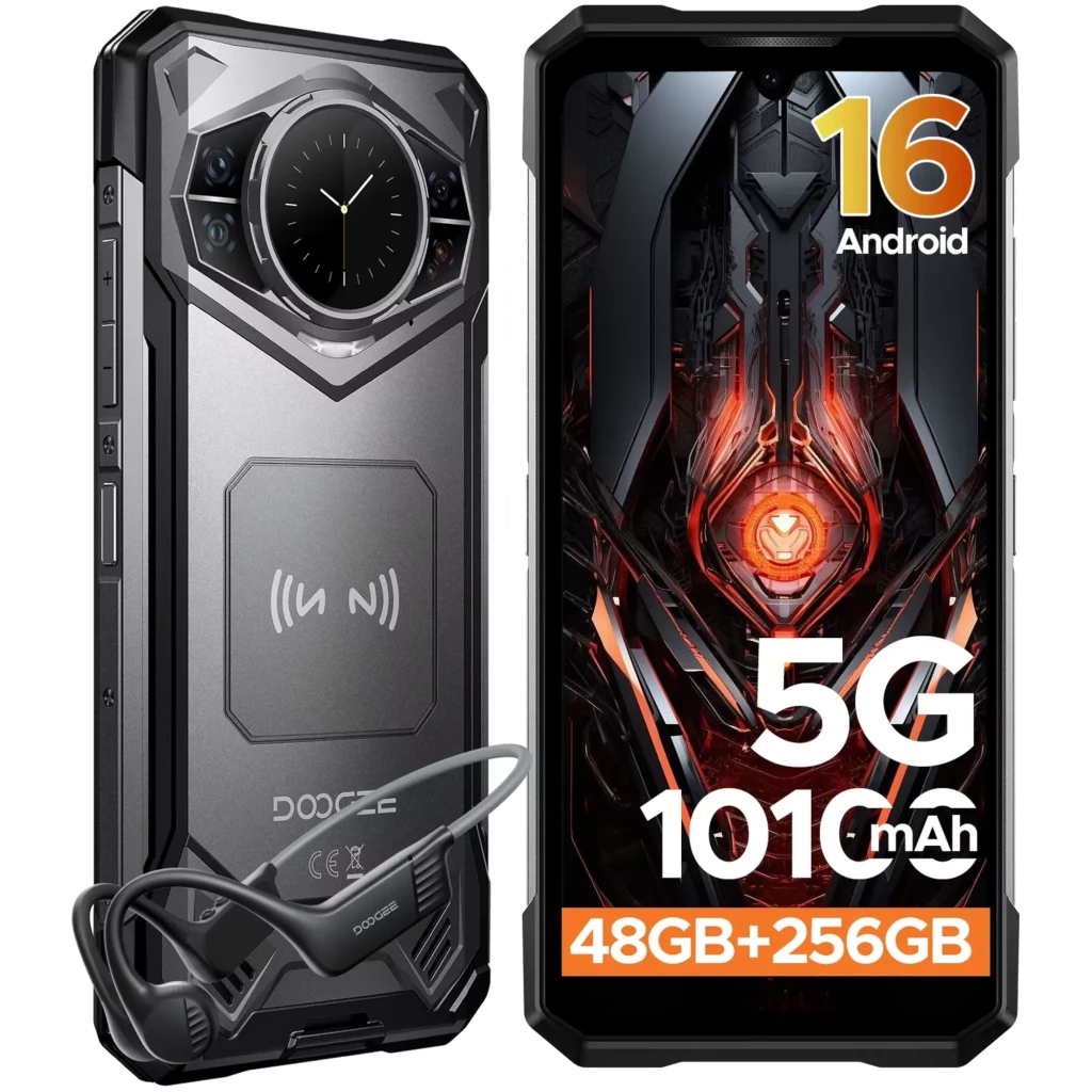 Doogee S200 noir robuste 5G, écran durci aux accents orange, module photo hexagonal, recharge sans fil, affichage Android 16, casque inclus
