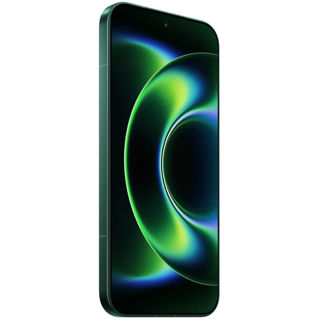 Xiaomi 17 Ultra 512GB Starlit Green con panel OLED 6.9, marco verde mate y pantalla curva con gráficos verdes y azules; 12GB RAM y cámara Leica