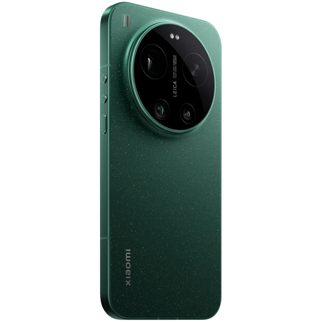 Xiaomi 17 Ultra verde Starlit con panel OLED 6.9, 12GB RAM y 512GB. Módulo de cámara Leica circular prominente, acabado texturizado con destellos.