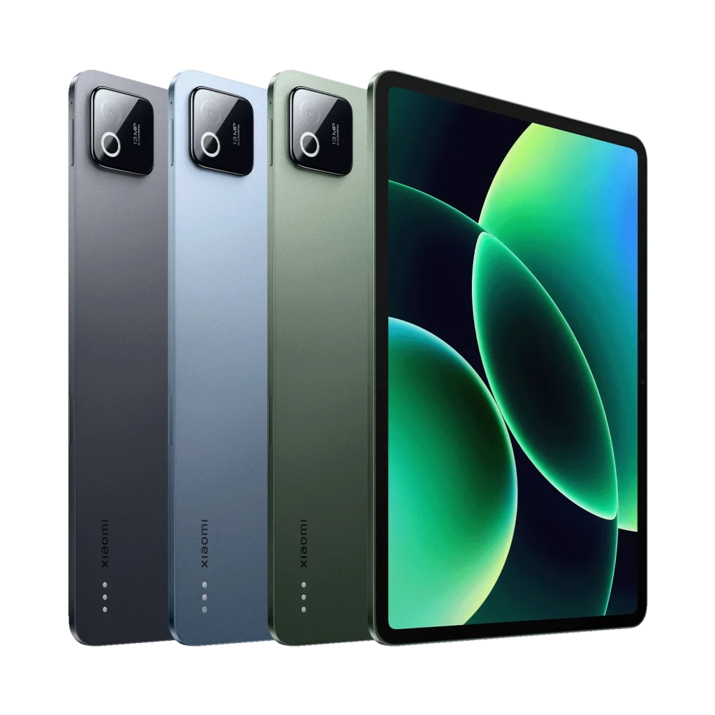 Xiaomi Pad 8 verde con pantalla 11.2 borde fino; se ven tres colores traseros y módulo de cámara cuadrado. Diseño delgado y moderno, acabado mate elegante